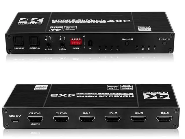 Main image of WRIARICH 4K@60Hz HDMI Matrix Switch 4 X 2 Switcher 18G Ultra HD Supports Up to 4K @ 60Hz & 1080P EDID HDCP 2.2 HDR10- Remote Control (OZJ1-1)