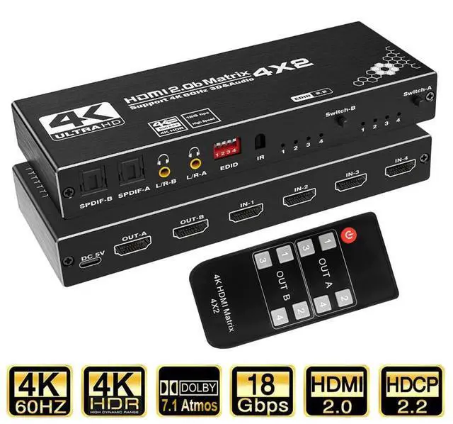 Main image of WRIARICH 4K@60Hz 4 in 2 Out HDMI Matrix Switch, 4x2 HDMI 2.0b Matrix Switch, 4K HDMI Switcher Splitter + Optical and L/R Audio Output, Scaler EDID with Remote, HDCP2.2, HDR 10