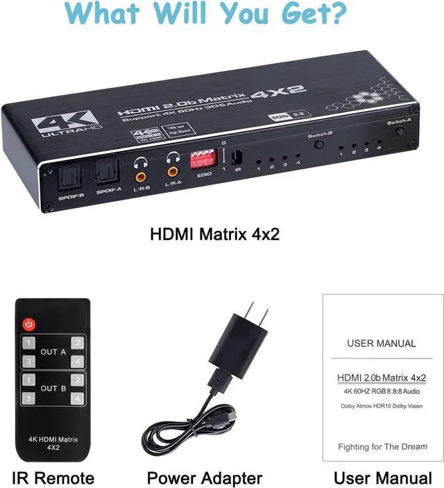 Alt view image 7 of 7 - WRIARICH 4in 2out HDMI Matrix, 4K 4x2 HDMI Matrix Switch, 1080P 3D, RGB 8:8:8(Dolby ATMOS), 2xSPDIF Audio, 2x3.5mm L/R, EDID, IR Remote (OZJ1)