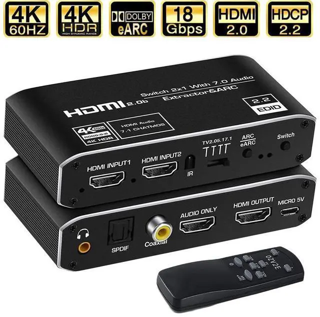 Main image of 4K@60H HDMI Switch Audio Extractor, 2x1 HDMI Switcher Splitter 2 in 1 Out with Optical TOSLINK SPDIF, 3.5mm Audio, Coaxial Audio Extractor and IR Remote Control, Support 4K HDR, HDMI 2.0b, HDCP 2.3