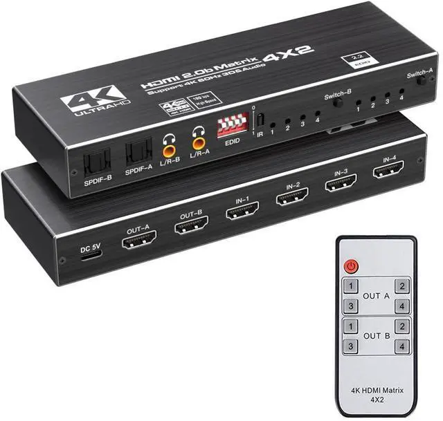 Main image of WRIARICH 4K HDMI Matrix Switch 4 X 2, Switcher with Audio Extractor UltraHD Supports Up to 4K @ 60Hz IR EDID HDCP 2.2 HDR10,2xSPDIF Audio, 2x3.5mm L/R Audio - Remote Control (OZJ1-1)
