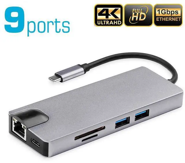 Main image of 9-in-1 USB C Hub Adapter,Type-C Dongle with 4K HDMI, Gigabit Ethernet, 1080P VGA, 60W Power Delivery, 2 USB 3.0, SD/TF Card Reader, Audio/Mic for MacBook Pro/Air, iPad Pro, Chromebook & More