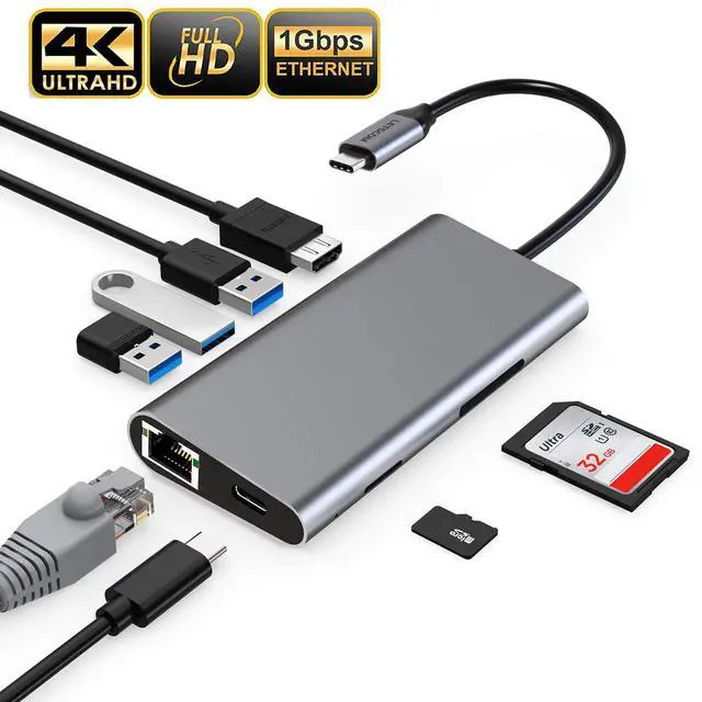 Alt view image 2 of 7 - WRIARICH USB-C-Hub-Type C Hub 8-in-1 with 1Gbps Ethernet Port, 4K USB C to HDMI Adapter, 3 USB 3.0 Ports,SD/TF Card Reader, USB-C Power Delivery, Portable for Mac Pro and Other Type C Devices