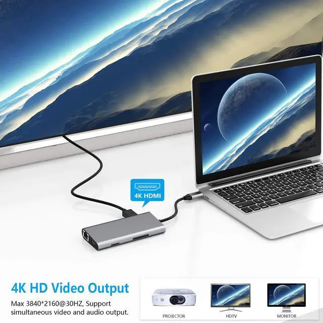 Alt view image 5 of 7 - WRIARICH USB-C-Hub-Type C Hub 8-in-1 with 1Gbps Ethernet Port, 4K USB C to HDMI Adapter, 3 USB 3.0 Ports,SD/TF Card Reader, USB-C Power Delivery, Portable for Mac Pro and Other Type C Devices