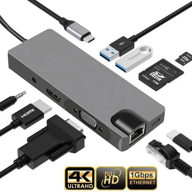 Main image of USB C Hub,9 in 1 USB C Adapter with Ethernet, 4K HDMI, USB C Power Delivery, 2 USB 3.0 Ports, SD/TF Card Reader, , VGA Port, Audio Port Portable Hub for MacBook Pro and Other Type C Laptops