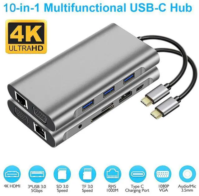 Main image of WRIARICH USB Type C Hub, USB C Hub,USB Type C Docking Station 10 in 1, USB C to HDMI, USB C to VGA, USB C to 3USB 3.0, RJ45 Gigabit Ethernet PD SD/TF Card Reader 3.5mm for MacBook Air, MacBook Pro