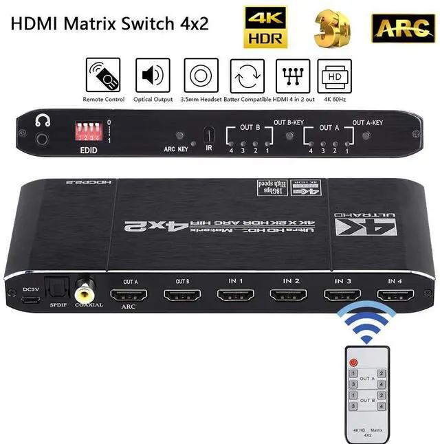 Main image of WRIARICH HDMI 2.0 Matrix 4x2 4K60Hz Switch Splitter HDCP2.2 EDID 4Kx2K HDR ARC HIFI HDMI Switcher SPDIF COAX 3.5mm Stereo Audio