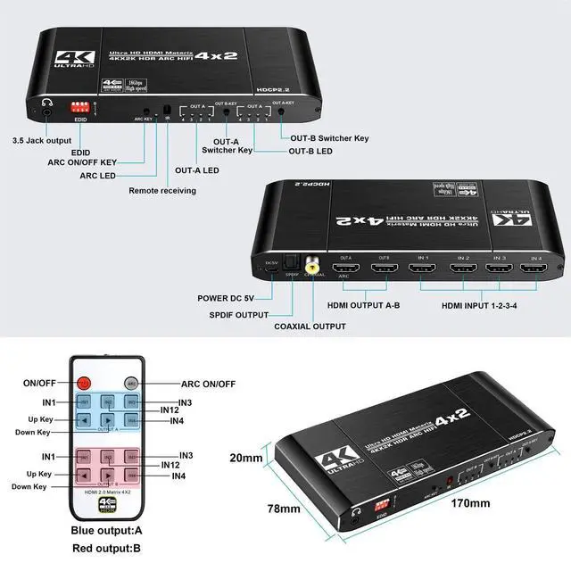 Alt view image 2 of 7 - WRIARICH 4K@60Hz Matrix 4x2 18.5 Gbps HDMI-compatible Switch Splitter with SPDIF and L/R 3.5mm HDR 4x2 Support HDCP 2.2 3D