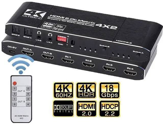 Main image of WRIARICH 4K@60Hz Matrix 4x2 18.5 Gbps HDMI-compatible Switch Splitter with SPDIF and L/R 3.5mm HDR 4x2 Support HDCP 2.2 3D