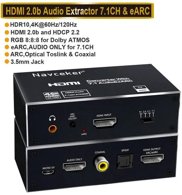 Main image of WRIARICH 4K 60Hz HDMI eARC/ARC Audio Extractor Splitter, Optical TOSLINK SPDIF 7.1CH, 3.5mm Audio Jack , Support RGB 8:8:8(7.1CH Dolby atmos),EDID,Dolby Vision,HDR 10