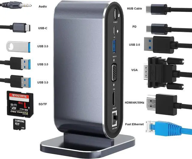 Main image of USB C Laptop Vertical Docking Station,12 in 1 Type C Hub Multiport Adapter Dongle with, HDMI, VGA, PD, Ethernet, SD/TF, 4*USB 3.0 Ports, USB-C Data , Mic/Audio, Compatible for Laptops Notebook