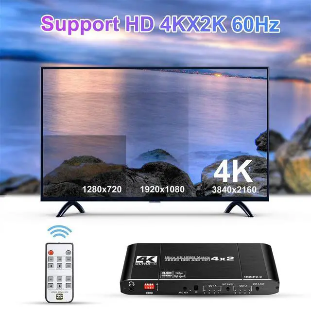 Alt view image 6 of 7 - WRIARICH 4x2 Matrix Switch Splitter with SPDIF and L/R 3.5mm HDR HDMI-compatible Switch 4x2 Support HDCP 2.2 ARC 3D 4K@60Hz for TV HDTV PS4 PS5
