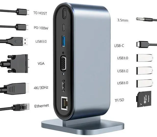 Main image of WRIARICH USB C HUB, Vertical Upgraded 12 in 1 Type C Hub Dongle Adapter , 4 USB-A 5Gbps, PD 100W, USB-C Data, 100M Network, TF/SD Card Reader,Mic/Audio USB C Adapter for Laptops