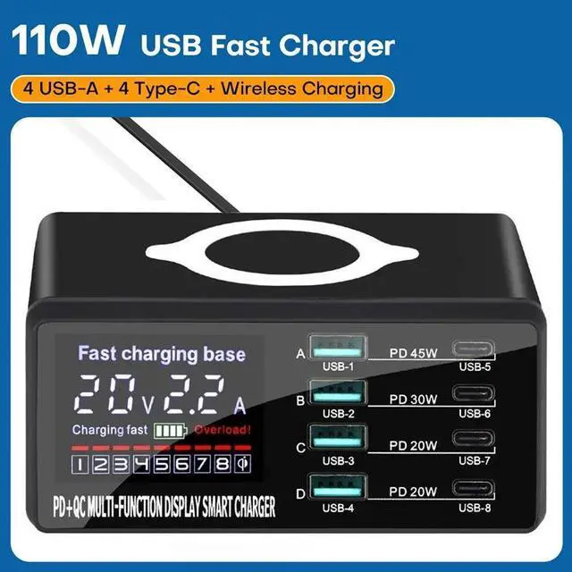 Main image of WRIARICH 9-in-1 USB C Charging Station(110W Max), Wireless Magnetic Fast Desk Charger Adapter, 4 USB-A, 4 USB-C, LCD Display Charging for Mobile Phones, Tablets Smartphones, Home Office Use