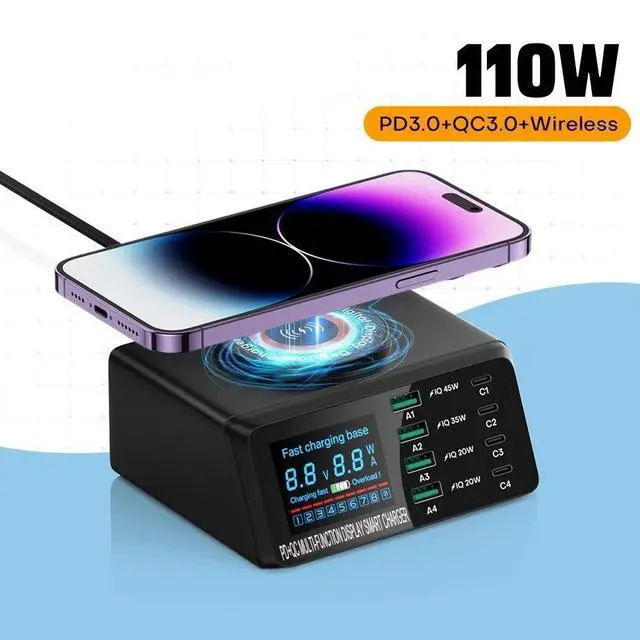 Main image of 110W 8 Port PD Charging Station for Multiple Devices, USB C Charging Dock with 4 USB-A Outlets, 4 USB-C, Wireless Fast Charging, for lPhones,lPad and Other Electronics