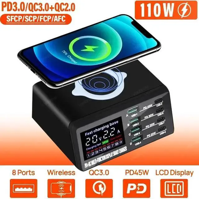 Main image of WRIARICH Charging Station for Multiple Devices, 110W 8 Port USB Fast Charging Station with Wireless Fast Charging, Compatible with iPhone, iPad, Tablets and Cell Phone