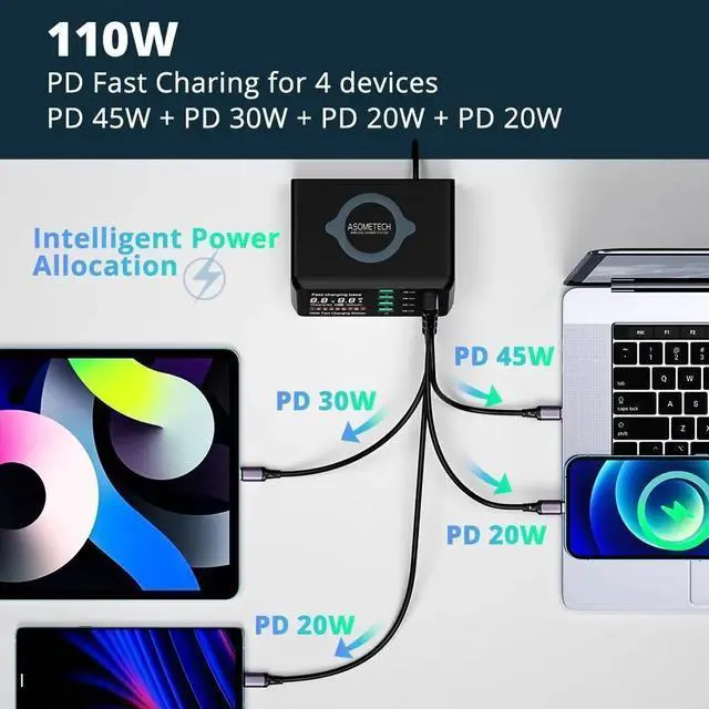 Alt view image 4 of 7 - WRIARICH 110W USB Charging Station, 8-Port Charging Hub for Multiple Devices, 45W PD3.0 Fast Charging Laptop Power Adapter for Mobile Phones, Tablets Smartphones, Home Office Use