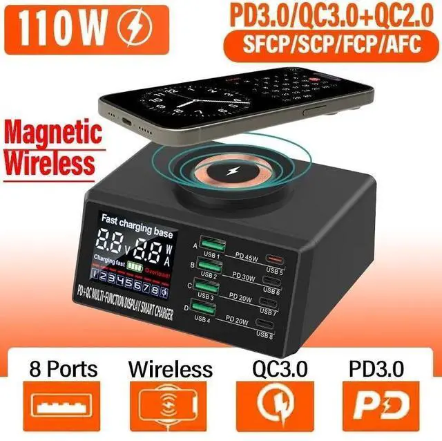 Main image of 110W Magnetic Charging Station, QC3.0 PD45W Wireless Fast Charging Dock with Digital Display, 8 Ports Multiple Devices Charging Hub for Mobile Phones Tablets