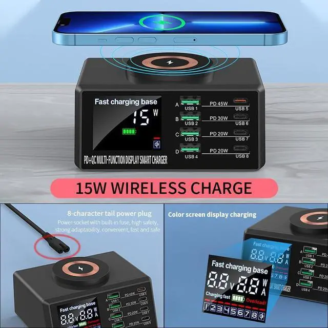Alt view image 3 of 7 - 110W Magnetic Charging Station, QC3.0 PD45W Wireless Fast Charging Dock with Digital Display, 8 Ports Multiple Devices Charging Hub for Mobile Phones Tablets