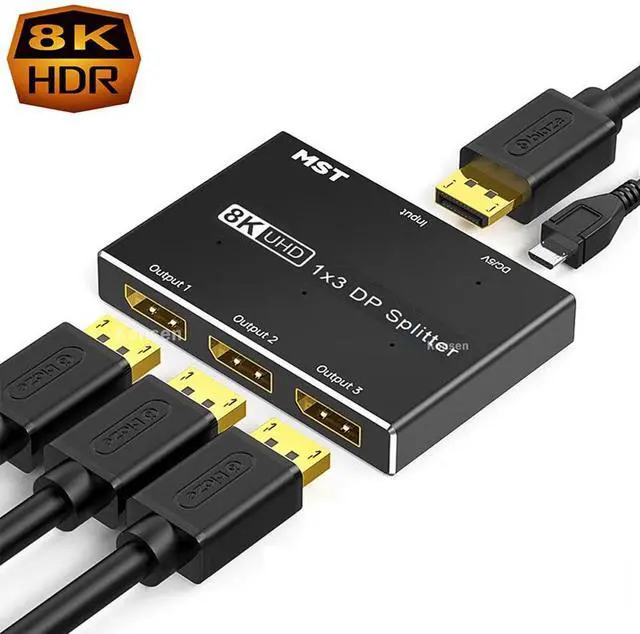 Main image of 8k DisplayPort Splitter 1 in 3 Out 8K@30Hz 4K@144Hz DP 1.4 Splitter Triple MST SST Hub Adapter 1x3 Port for 1 DisplayPort Ultra HD Source to 3 HD Display Port