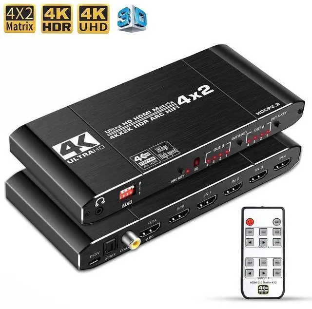 Main image of WRIARICH 4K@60Hz HDMI Matrix 4x2 Switch Splitter Support HDCP 2.2 IR Remote Control HDMI Switch 4x2 Spdif 4K HDMI 4x2 Matrix Switch