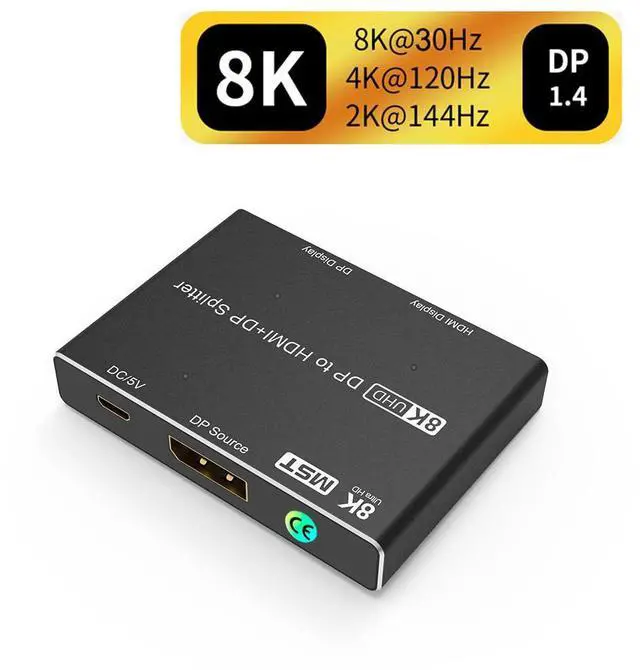 Main image of WRIARICH DisplayPort to DisplayPort HDMI Splitter Adapter MST SST 8K@30Hz 4K@120Hz 1 in 2 Out DP1.4 Splitter Dual Monitor Multi Screen