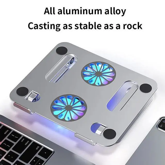 Alt view image 2 of 7 - Aluminum Laptop Cooling Pad with Dual High-speed Fan, Foldable Computer Riser, Ergonomic Laptop Tablets Elevator for Desk, Metal Holder Compatible with 11-17.3 inch Tablet Notebook