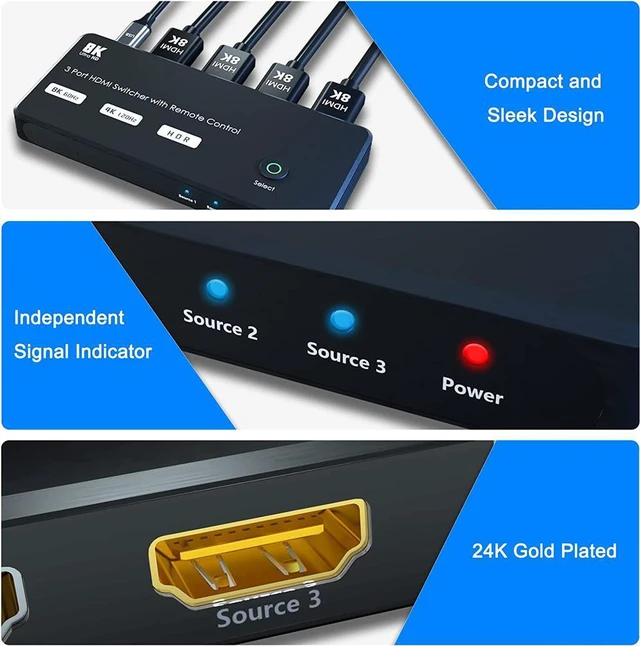 Alt view image 2 of 7 - WRIARICH HDMI Switch with IR Remote, 8K 4K 120hz Ultra HD 8K High Speed 48Gbps Directional HDMI Switch 3in 1out 8K@60Hz 4K@120Hz Splitter Converter Compatible with Xbox PS5 Projectors Monitors