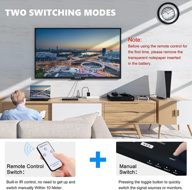 Alt view image 4 of 7 - WRIARICH HDMI Switch with IR Remote, 8K 4K 120hz Ultra HD 8K High Speed 48Gbps Directional HDMI Switch 3in 1out 8K@60Hz 4K@120Hz Splitter Converter Compatible with Xbox PS5 Projectors Monitors