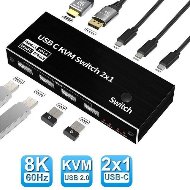 Main image of 2x1 USB-C KVM Switch 2 PCs Share 1 Monitor, 8K@60Hz USB C KVM Switch 4 USB2.0, PD 3.0 KVM . 2 Channel Type C in 1 HDMI/DP Output. Button Switch, with 2 Type-C Cables