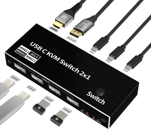 Main image of WRIARICH 2x1 USB C KVM Switch 8K@60Hz 4K@120Hz, 2 Port Type C KVM Switch for 2 Computers Share 1 Monitor (HDMI or DP Output), USB C KCM with 4 USB 2.0 Ports, 2 USB-C Cables Included