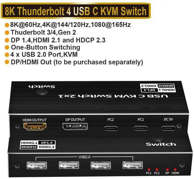 Main image of WRIARICH 2x1 8K Type-C KVM Switch for 2 PC Share 1 Monitors, KVM USB C Switcher Support HDMI and DP Monitor Output, 2PC Share 4 USB Devices, 2 USB-C Cables Included
