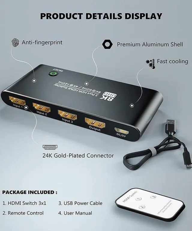 Alt view image 2 of 7 - WRIARICH HDMI-Compatible 2.1 8K High Speed 48Gbps Directional Switch 3 in 1out 8K 60Hz 4K 120Hz Splitter Converter with Remote Control