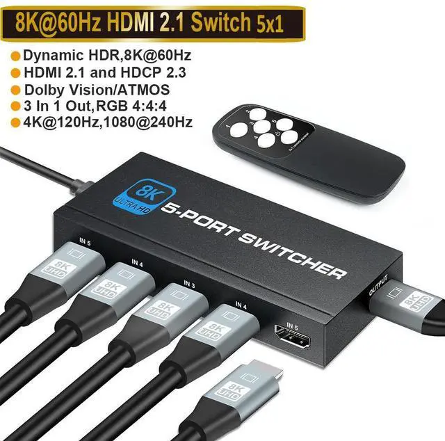 Main image of HDMI Switch 8K@60Hz, 5 Port HDMI 2.1 Switcher Selector 5 in 1 Out HDMI Switch with IR Remote Control, Supports 8K HDR10 HDCP 2.3 3D Dolby for Nintendo Switch,Xbox PS5/PS4,Fire Stick and More - OZ8Q5