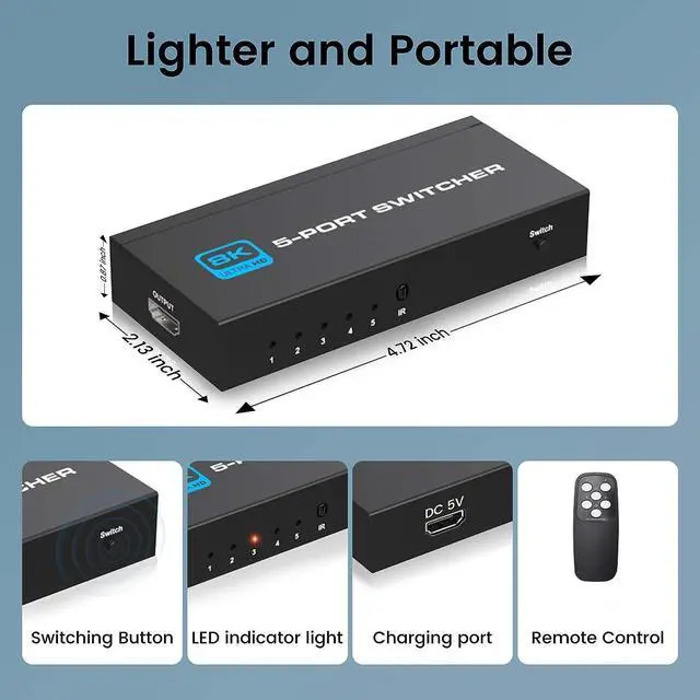 Alt view image 6 of 7 - HDMI Switch 8K@60Hz, 5 Port HDMI 2.1 Switcher Selector 5 in 1 Out HDMI Switch with IR Remote Control, Supports 8K HDR10 HDCP 2.3 3D Dolby for Nintendo Switch,Xbox PS5/PS4,Fire Stick and More - OZ8Q5