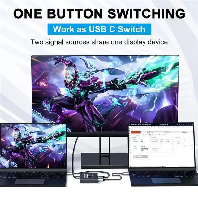 Alt view image 6 of 7 - USB C Switch, 8K 60Hz 2 in 1 Output USB3.1 Type C Data Transfer Splitter, 10Gbps Data Transfer PD 100W Power Delivery Share Monitor Switch Selector with Power Indicator for PCs