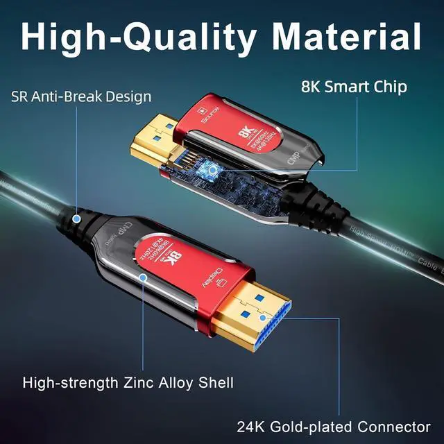 Alt view image 2 of 7 - 8K Fiber Optic Gaming HDMI 2.1 Plenum-Rated Cable, 48Gbps High Speed 3D 8K60 4K120 144Hz HDMI Cord eARC HDR10 HDCP 2.2&2.3 Compatible with Roku-TV/PS5/HDTV/Blu-ray - 16FT/5M, Red