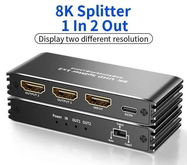 Main image of WRIARICH 8K HDMI Splitter 1 in 2 Out,8K HDMI Splitter V2.1b Powered Audio Video Distributor Duplicate/Mirror Screen, 1x2 HDMI Splitter for TV Support 8K 60Hz 3D for Xbox, PS5, Blu-Ray Player, HDTV