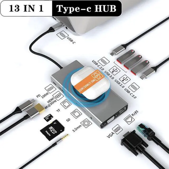 Main image of USB C Docking Station 13 IN 1 Dual Display Type C Adapter with VGA HDMI 4K, PD Charger, RJ45 Ethernet, USB3.0 Ports, USB-C Data Port, SD/TF Card Reader, Mic/Audio Wireless Charging for MacBook Pro
