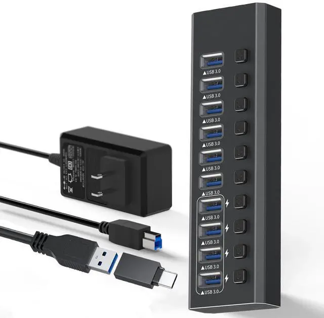 Main image of WRIARICH 10-Port USB A Data Hub with 48W Power Adapter, 10 Data Transfer Ports with 4*USB 3.0 Smart Charging, Individual On/Off Switches, 12V/4A DC Power Adapter for Laptops, PC
