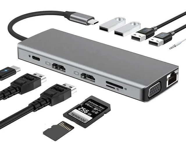 Main image of WRIARICH Laptop Docking Station Triple Monitor, 12 in 1 USB C Hub Multiport Adapter Dongle with 2 HDMI, VGA, PD, Ethernet, SD/TF, 4 USB Ports, Mic/Audio, Compatible for MacBook/Dell/HP/Lenovo