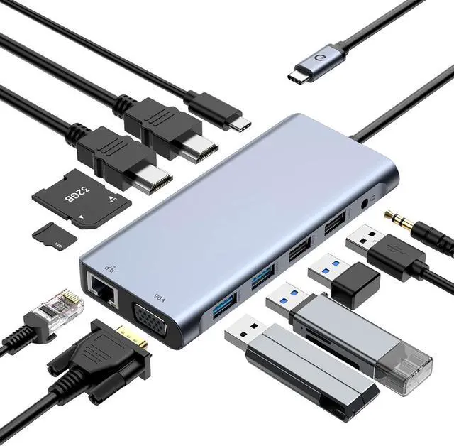 Main image of WRIARICH 12 in 1 Triple Monitor USB C Docking Station, USB C Laptop Docking Station Triple Monitor (Dual Video HDMI & VGA, Gigabit Ethernet, Audio, and More USB Ports)-Grey
