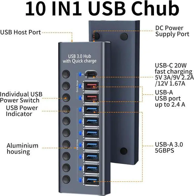 Alt view image 2 of 7 - WRIARICH 10 Ports 60W USB 3.0 Data Port, Aluminum Housing, Individual On/Off Switches, 12V/5A Power Adapter, 5Gbps High Speed, Charging Ports for Laptop, PC, Computer, Mobile HDD