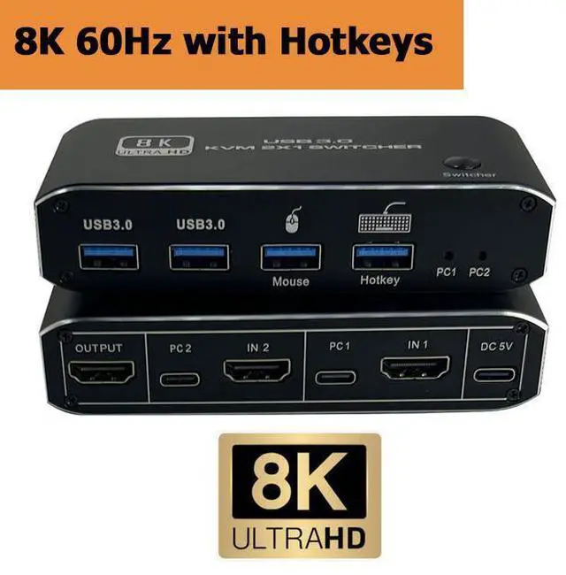 Main image of WRIARICH 8K@60Hz 4K@120Hz HDMI 2.1 KVM Switch with USB 3.0 2 in 1 Out, 2 Port KVM Switch for 2 Computers 1 Monitor, 2 PCs Share 1 Set of Keyboard, Mouse, Printer for Mac, Windows