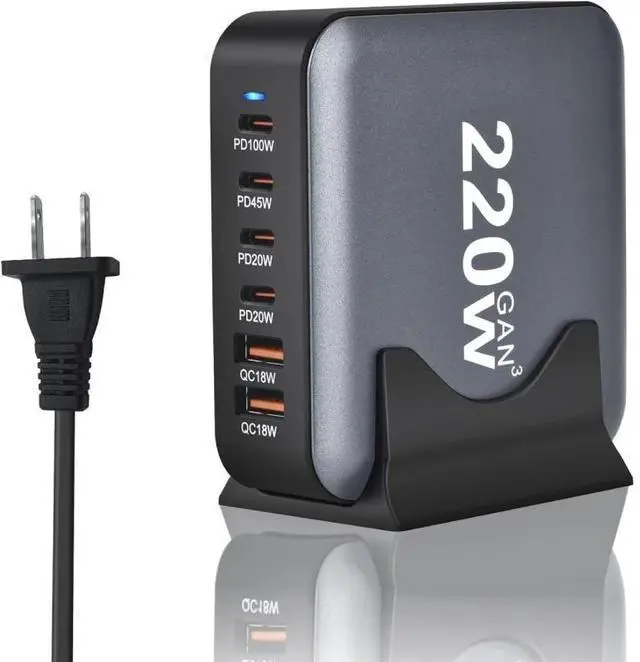 Main image of WRIARICH 6-Port USB Type C Charger, 220W Fast Desk Charger, QC3.0 PD3.0 Type C Charging Block Travel GaN Charger Adapter for iPhone Pro, Samsung, MacBook Pro/Air, iPad, Laptops, XPS