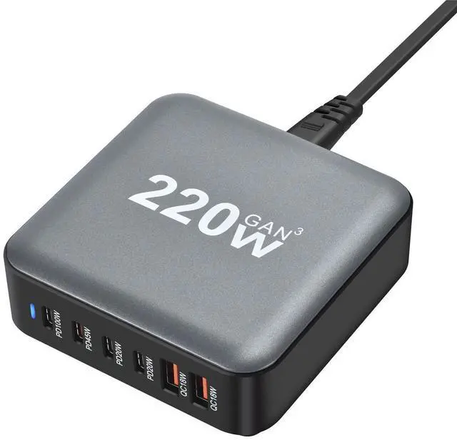 Main image of WRIARICH 6 Port USB C Charger, 220W GaN, iPad Charging Station Hub, PD3.0 QC3.0 Fast Compact for MacBook Pro/Air, iPad Pro, Galaxy S23, XPS 13, Note 20/10+, iPhone 16/15/14/Pro