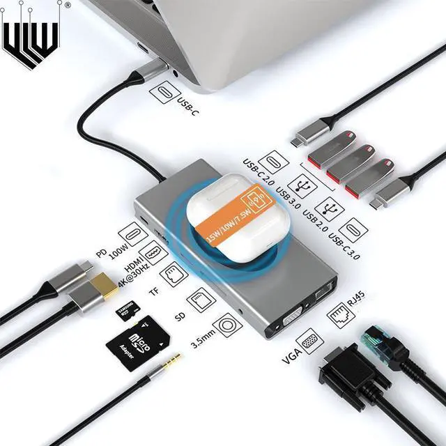 Main image of Dual Display 13 IN 1 Type C Adapter Docking Station with VGA HDMI, PD, Ethernet, SD TF Card Reader, USB3.0 Port,USB-C Data Port, Mic/Audio,Ethernet,Wireless Charging Compatible for MacBook Air Pro