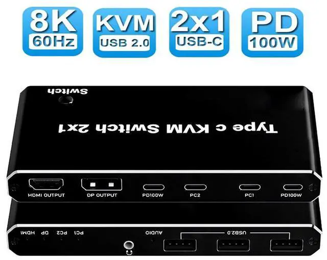 Main image of WRIARICH 8K USB C KVM Switch 2x1 , KVM Switch HDMI DP,USB KVM Switch for 2 Computers Sharing One HD Monitor and Keyboard Mouse, 100 W Power Delivery Support 8K@60Hz, 2 USB-C Cables Included