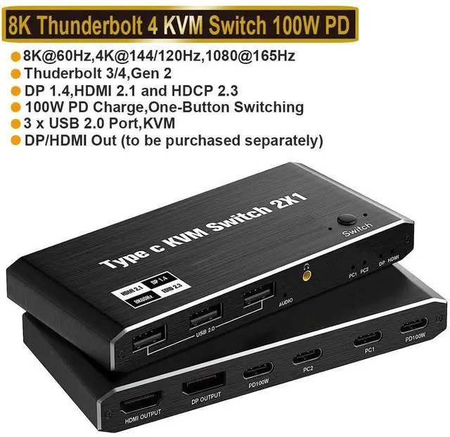 Main image of 8K USB-C HDMI DP KVM Switch for 2 Computers Share 1 Monitor, 3 USB Devices KVM Switches with 3.5mm Audio Support 8K@60Hz 4K@120Hz 3 USB Devices Such as Keyboard Mouse Printer