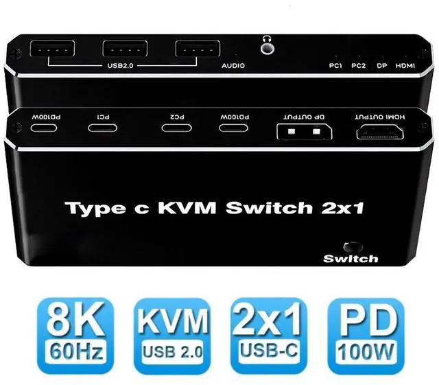 Main image of 2x1 USB C KVM Switch 8K@60Hz 4K@120Hz, 2 Port Type C KVM Switch for 2 Computers Share 1 Monitor (HDMI or DP Output),2Port 100 W Power Delivery USB C KCM with 3 USB Ports + 3.5mm Audio Output